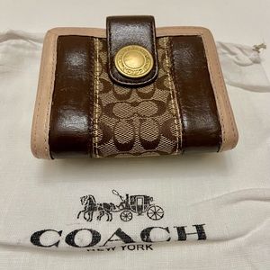 Coach Brown Mono Canvas-Beige- BrownLeather Trifold Compact Wallet with Dust Bag